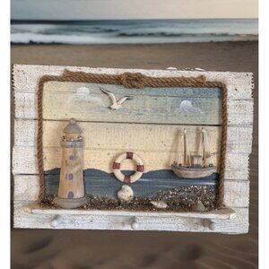 3D Wooden Nautical Seaside Beach Lighthouse Boat Hanging Key Dog Leash Wall Rack